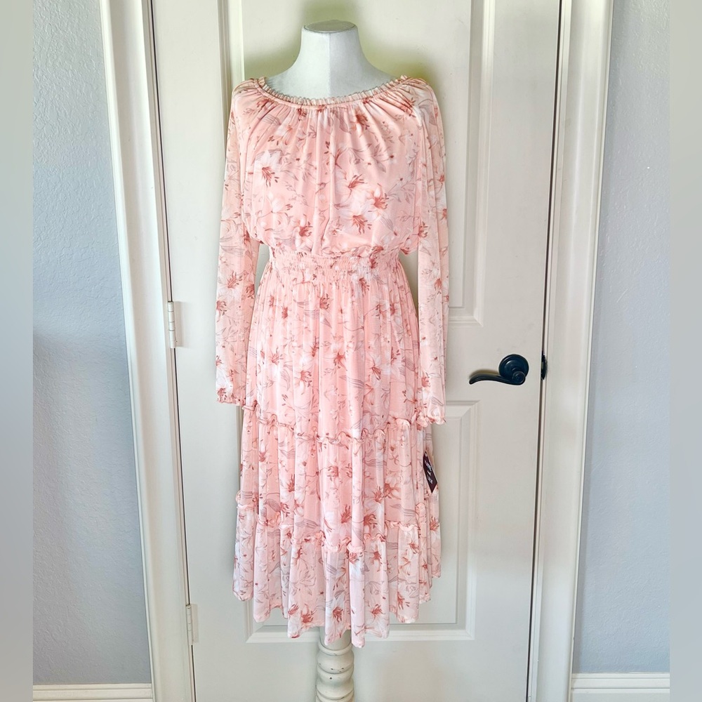 Kate & Lilly Boho Sheer Floral Midi Dress - Peach Pink Tiered Garden Dress NWT